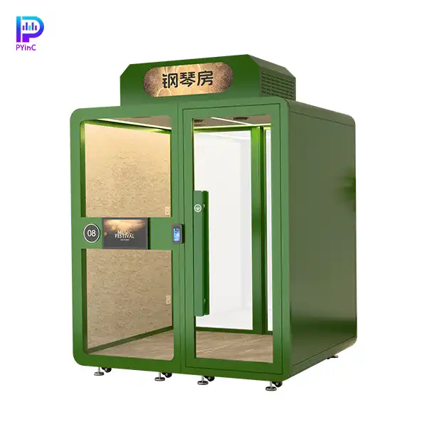 PYinC piano soundproof music pod in green, equipped with display screen, facial recognition lock, air conditioning, front and rear glass, and right-opening door.