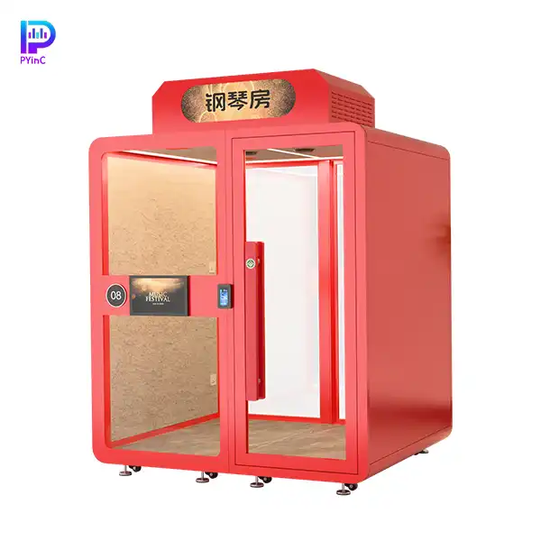 PYinC piano soundproof music pod in pink, equipped with display screen, facial recognition lock, air conditioning, front and rear glass, and right-opening door.