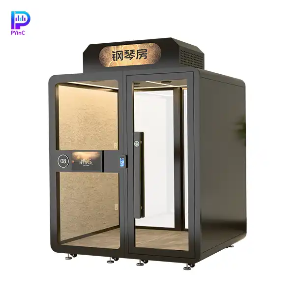 PYinC piano soundproof music pod in black, equipped with display screen, facial recognition lock, air conditioning, front and rear glass, and right-opening door.