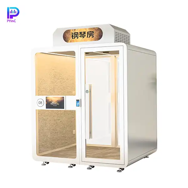 PYinC piano soundproof music pod in white, equipped with display screen, facial recognition lock, air conditioning, front and rear glass, and right-opening door.