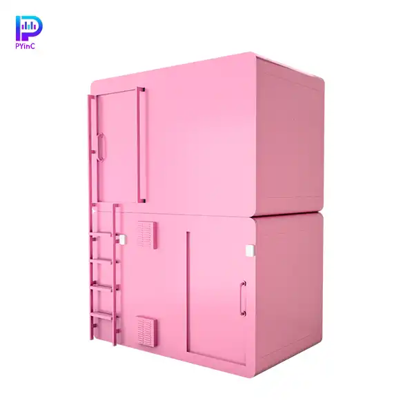 PYinC bunk bed soundproof sleep pod in pink, with ventilation fan, solid walls, and right-opening door.