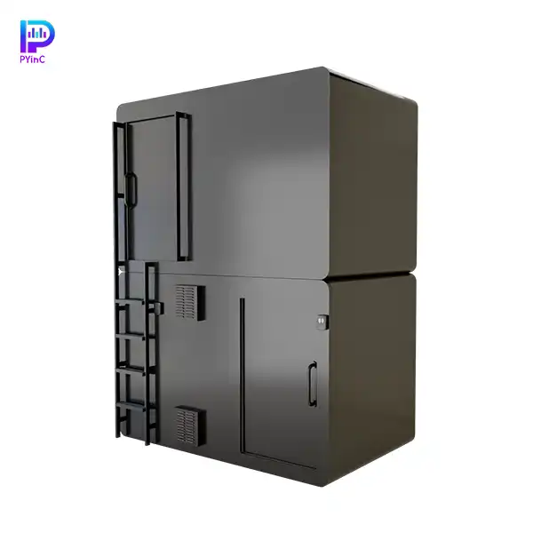 PYinC bunk bed soundproof sleep pod in black, with ventilation fan, solid walls, and right-opening door.