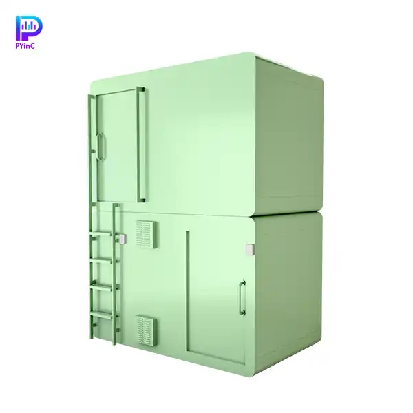 PYinC bunk bed soundproof sleep pod in green, with ventilation fan, solid walls, and right-opening door.