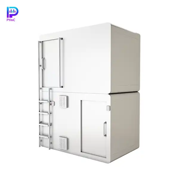 PYinC bunk bed soundproof sleep pod in white, with ventilation fan, solid walls, and right-opening door.