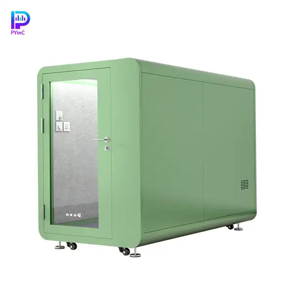 PYinC single soundproof sleep pod in green, featuring front glass panel and left-opening door.