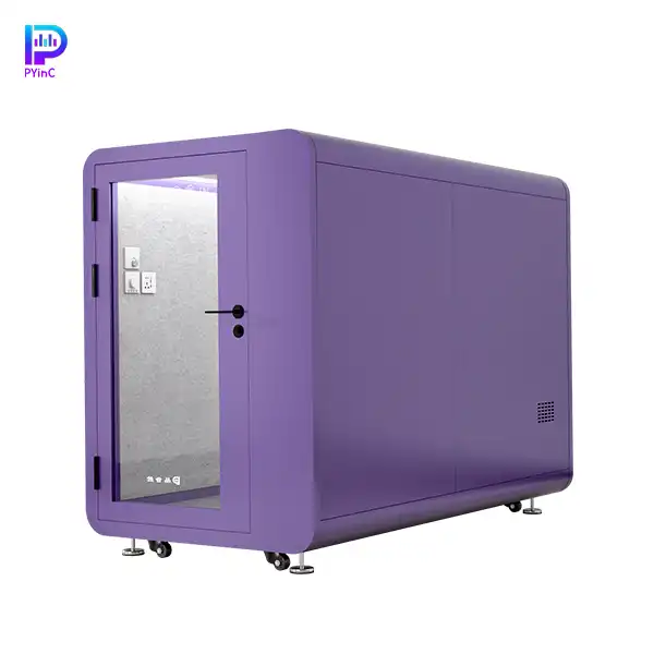 PYinC single soundproof sleep pod in purple, featuring front glass panel and left-opening door.