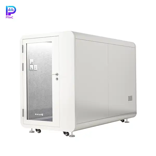 PYinC single soundproof sleep pod in white, featuring front glass panel and left-opening door.