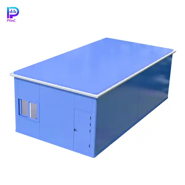 PYinC ultra-large outdoor soundproof experimental pod in blue, featuring solid walls with windows and a right-opening door.
