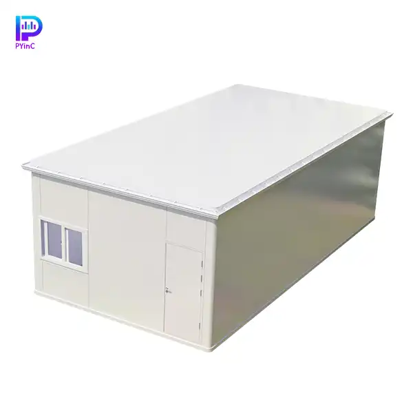 PYinC ultra-large outdoor soundproof experimental pod in white, featuring solid walls with windows and a right-opening door.
