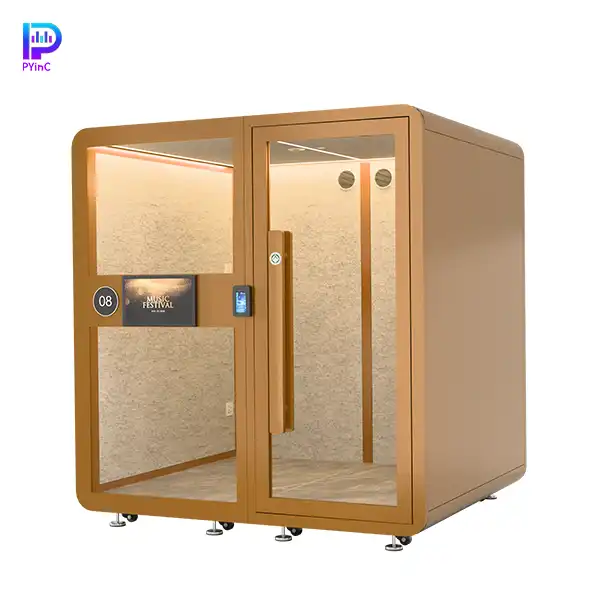 PYinC piano soundproof music pod in tan, equipped with display screen, air conditioning, facial recognition lock, front glass panel, and right-opening door.