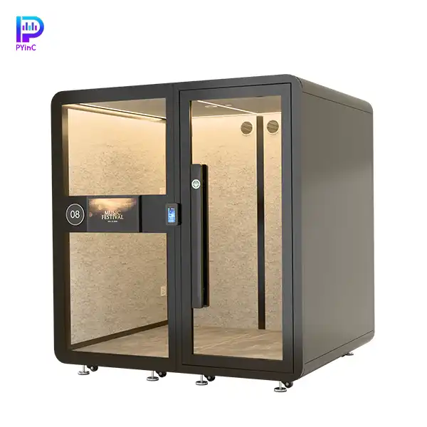 PYinC piano soundproof music pod in black, equipped with display screen, air conditioning, facial recognition lock, front glass panel, and right-opening door.