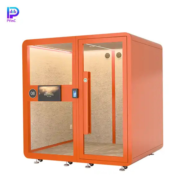 PYinC piano soundproof music pod in orange, equipped with display screen, air conditioning, facial recognition lock, front glass panel, and right-opening door.
