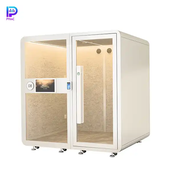 PYinC piano soundproof music pod in white, equipped with display screen, air conditioning, facial recognition lock, front glass panel, and right-opening door.