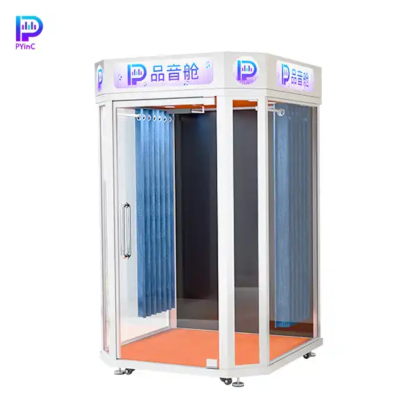 PYinC 1-2 person karaoke soundproof music pod in white, featuring three glass panels and right-opening door.