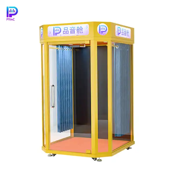 PYinC 1-2 person karaoke soundproof music pod in yellow, featuring three glass panels and right-opening door.