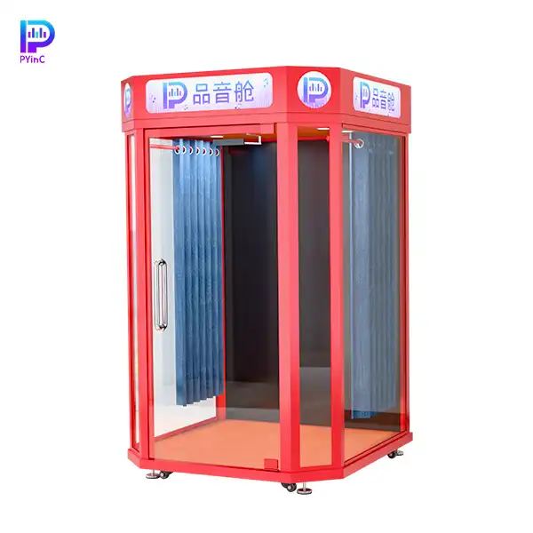 PYinC 1-2 person karaoke soundproof music pod in red, featuring three glass panels and right-opening door.