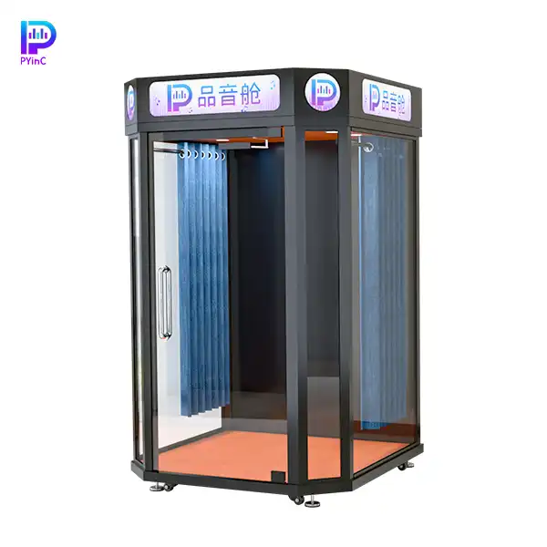 PYinC 1-2 person karaoke soundproof music pod in black, featuring three glass panels and right-opening door.