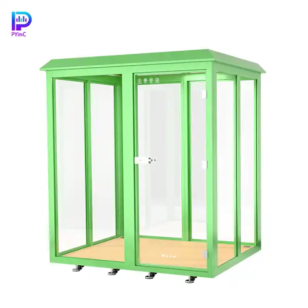 PYinC outdoor soundproof plant cultivation pod in green, featuring glass on all four sides and right-opening door.