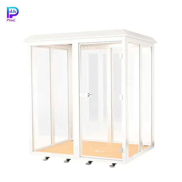 PYinC outdoor soundproof plant cultivation pod in white, featuring glass on all four sides and right-opening door.