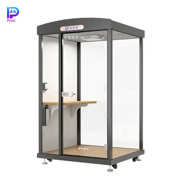 PYinC single soundproof office pod in black, with three glass panels and right-opening door.
