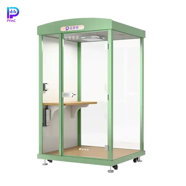 PYinC single soundproof office pod in green, with three glass panels and right-opening door.