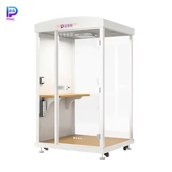 PYinC single soundproof office pod in white, with three glass panels and right-opening door.