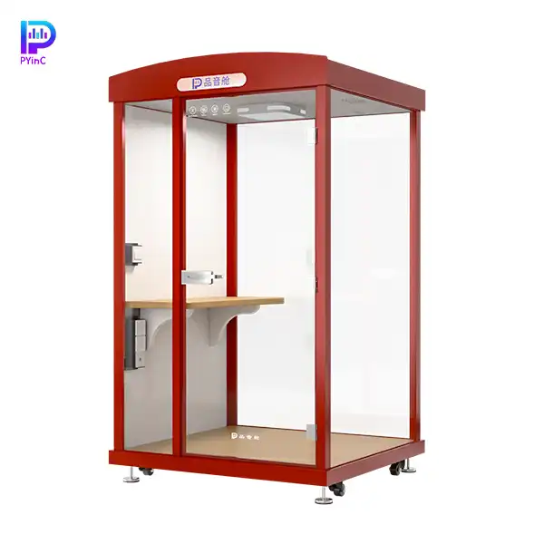 PYinC single soundproof office pod in red, with three glass panels and right-opening door.