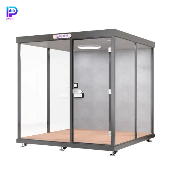 PYinC 1-6 person soundproof meeting pod in black, featuring three glass panels and right-opening door.