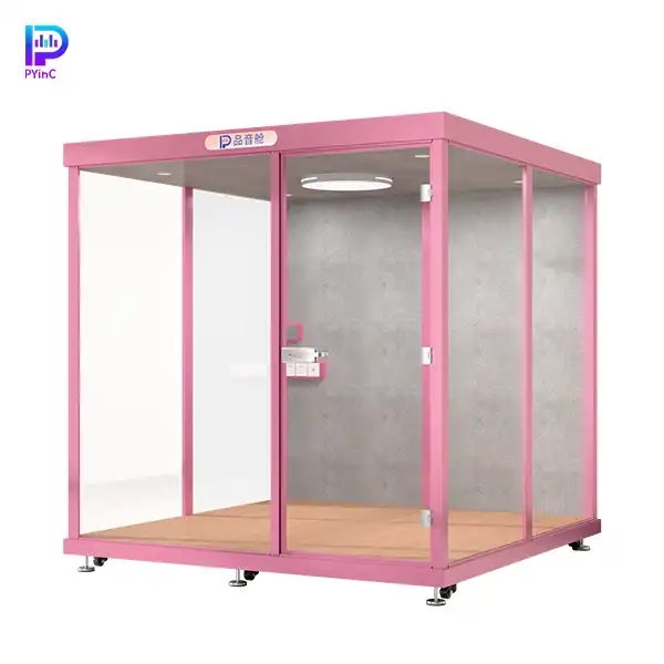 PYinC 1-6 person soundproof meeting pod in pink, featuring three glass panels and right-opening door.