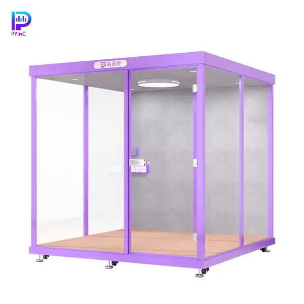 PYinC 1-6 person soundproof meeting pod in purple, featuring three glass panels and right-opening door.