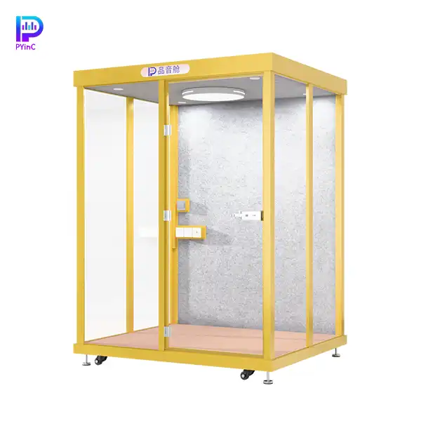 PYinC 1-4 person soundproof meeting pod in yellow, featuring three glass panels and left-opening door.