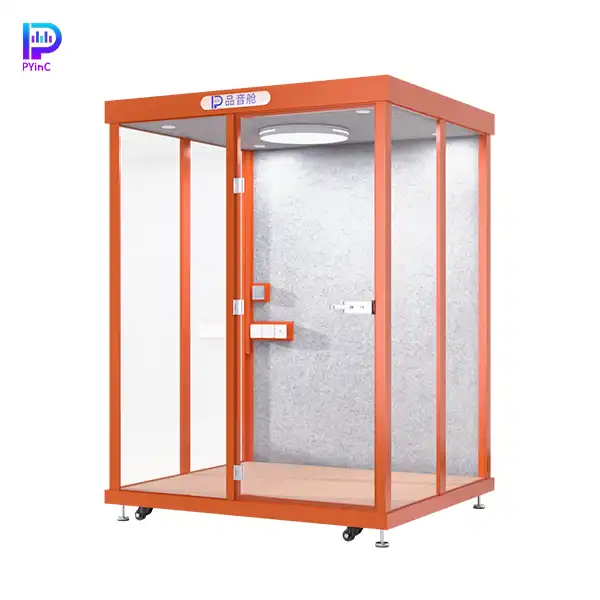 PYinC 1-4 person soundproof meeting pod in orange, featuring three glass panels and left-opening door.