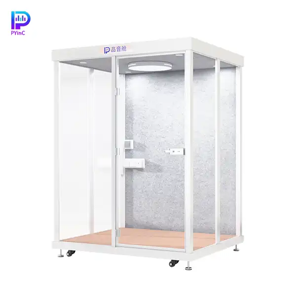 PYinC 1-4 person soundproof meeting pod in white, featuring three glass panels and left-opening door.