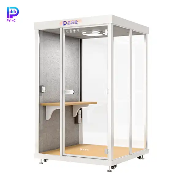 PYinC 1-2 person soundproof office pod in white, with a desk, three glass panels, and right-opening door.