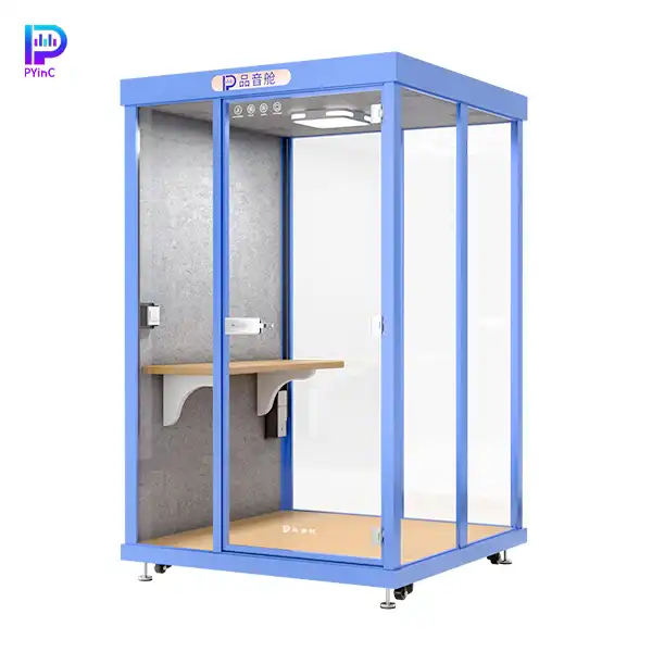 PYinC 1-2 person soundproof office pod in blue, with a desk, three glass panels, and right-opening door.