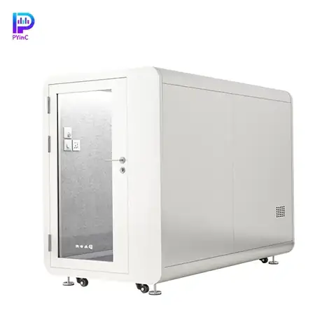 PYinC single soundproof sleep pod in white, featuring front glass panel and left-opening door.