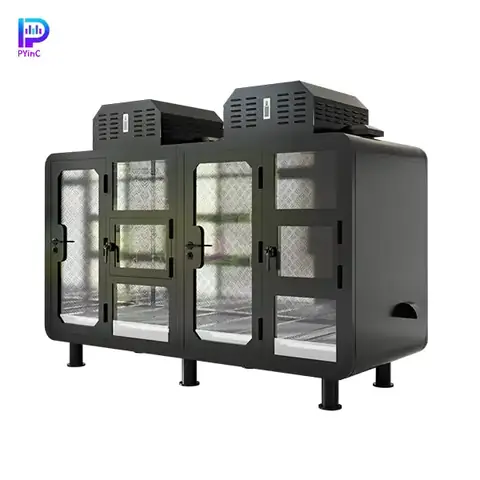 PYinC outdoor soundproof pet pod for 1-2 large dogs with air conditioning, black panels, front glass, right-opening door and small window.