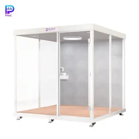 PYinC 1-6 person soundproof meeting pod in white, featuring three glass panels and right-opening door.