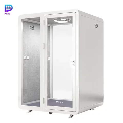 PYinC 1-2 person soundproof pod in white, with front and rear glass panels and a left-opening door, displayed on a white background. Dimensions: 1600×1400×2300mm.