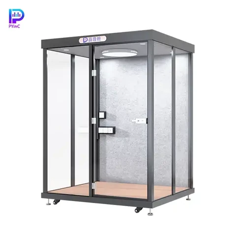 PYinC 1-4 person soundproof meeting pod in black, featuring three glass panels and left-opening door.