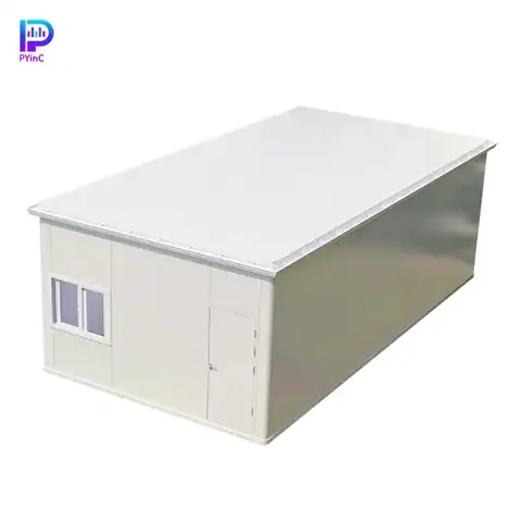 PYinC ultra-large outdoor soundproof experimental pod in white, featuring solid walls with windows and a right-opening door.