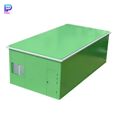PYinC ultra-large outdoor soundproof experimental pod in green, featuring solid walls with windows and a right-opening door.