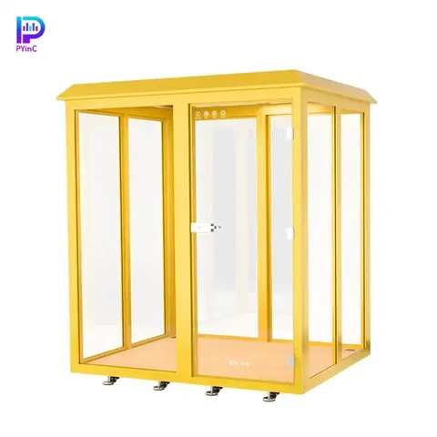 PYinC outdoor soundproof plant cultivation pod in yellow, featuring glass on all four sides and right-opening door.