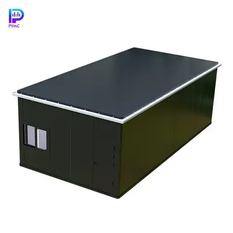 PYinC ultra-large outdoor soundproof experimental pod in black, featuring solid walls with windows and a right-opening door.