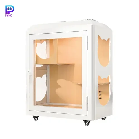 PYinC soundproof pet pod for cats and parrots in white, featuring three glass panels and right-opening door.
