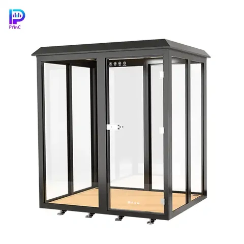 PYinC outdoor soundproof plant cultivation pod in black, featuring glass on all four sides and right-opening door.