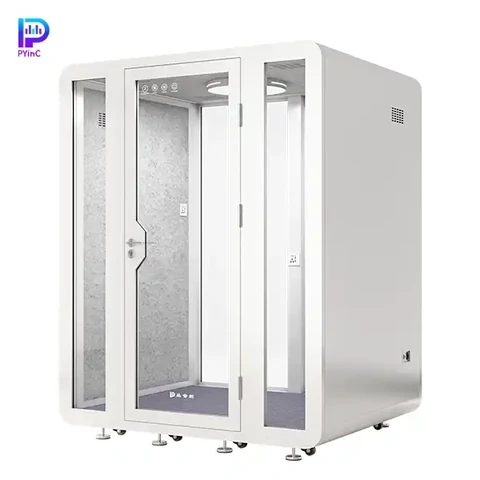 PYinC 1-4 person soundproof pod in white, with front and rear glass panels and a right-opening door, displayed on a white background. Dimensions: 1800×1500×2300mm.