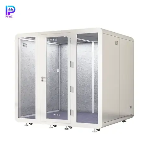 PYinC soundproof sleep pod for 1-2 people, white finish, front glass panel, and right-opening door.