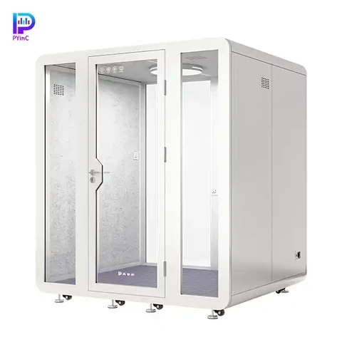 PYinC 1-4 person soundproof pod in white, with front and rear glass panels and a right-opening door, displayed on a white background. Dimensions: 2000×1800×2300mm.