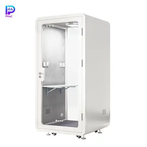PYinC single-person white soundproof booth with front and rear glass, isolated on white background. Dimensions: 1100×1100×2300mm.